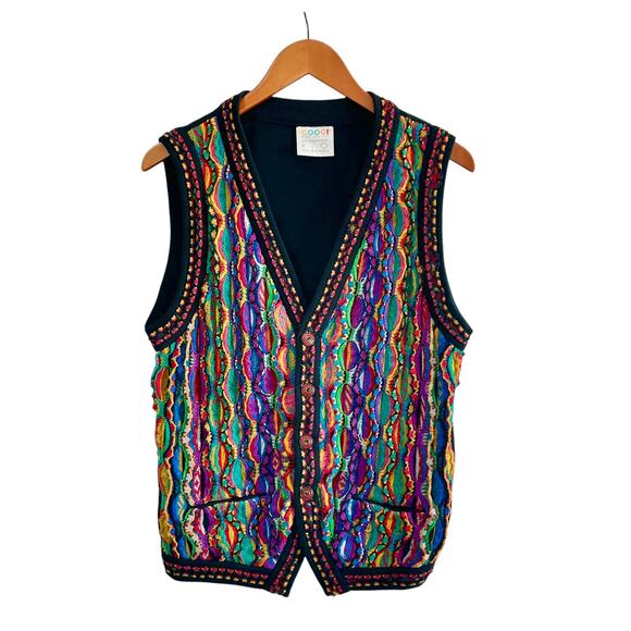 Coogi Vintage Acid Multicolor Rainbow 3D Knit Sweater Vest / Cardigan Men Small - Picture 1 of 10